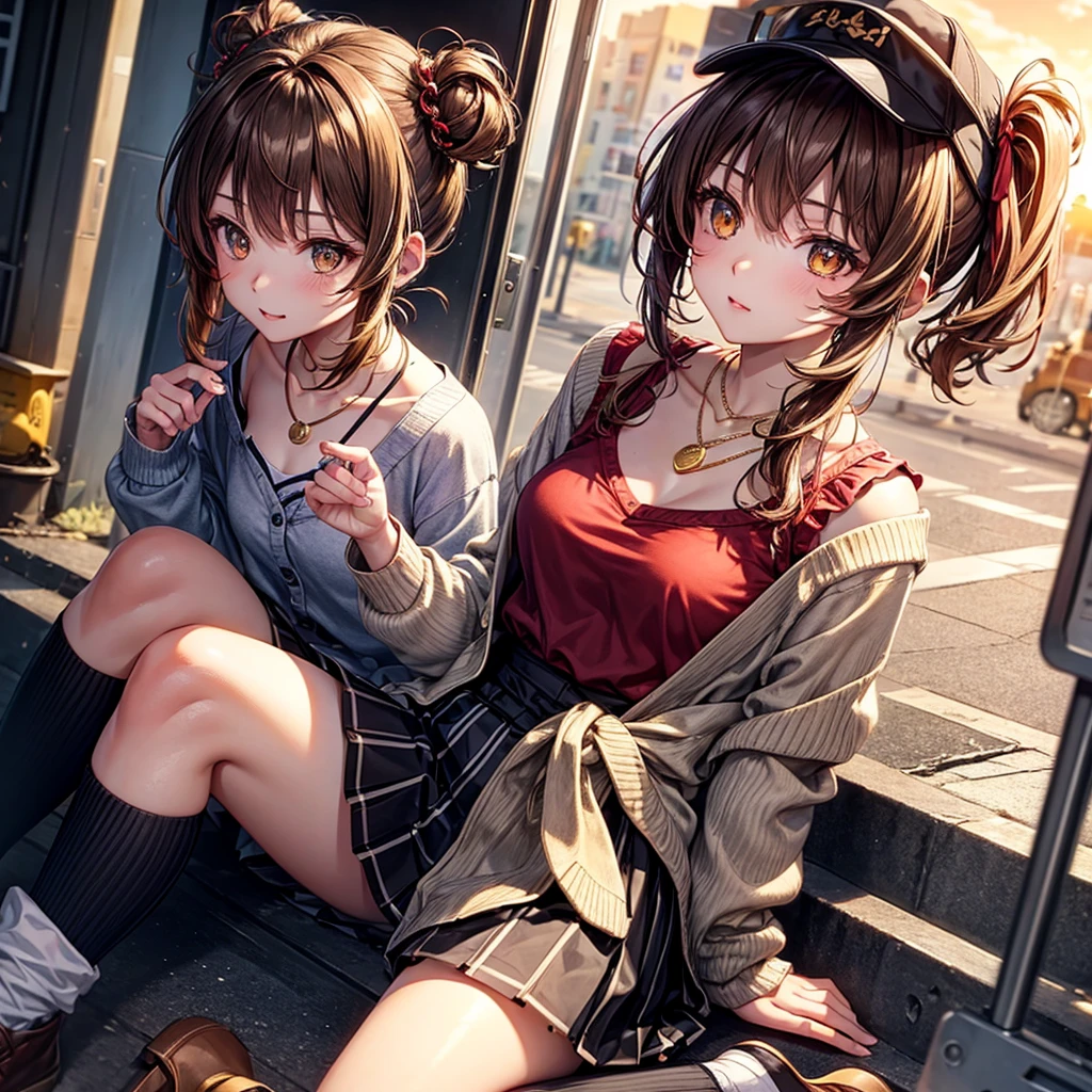 Red, brown, gold, gold hair、Golden Eyes、Hair tied up、One good looking girl、solo、anime、Checkered mini skirt、Ruffles on the skirt、camisole、camisole、Lightweight cardigan、Black knee-high socks、Wearing a baseball cap、Ribbon、Ribbon on waist、Teeth are visible、Sunset sky、Cumulonimbus、Silver coin necklace、shine、From above、Sparks are flying、tunnel、Cobblestones、Sitting on the stairs