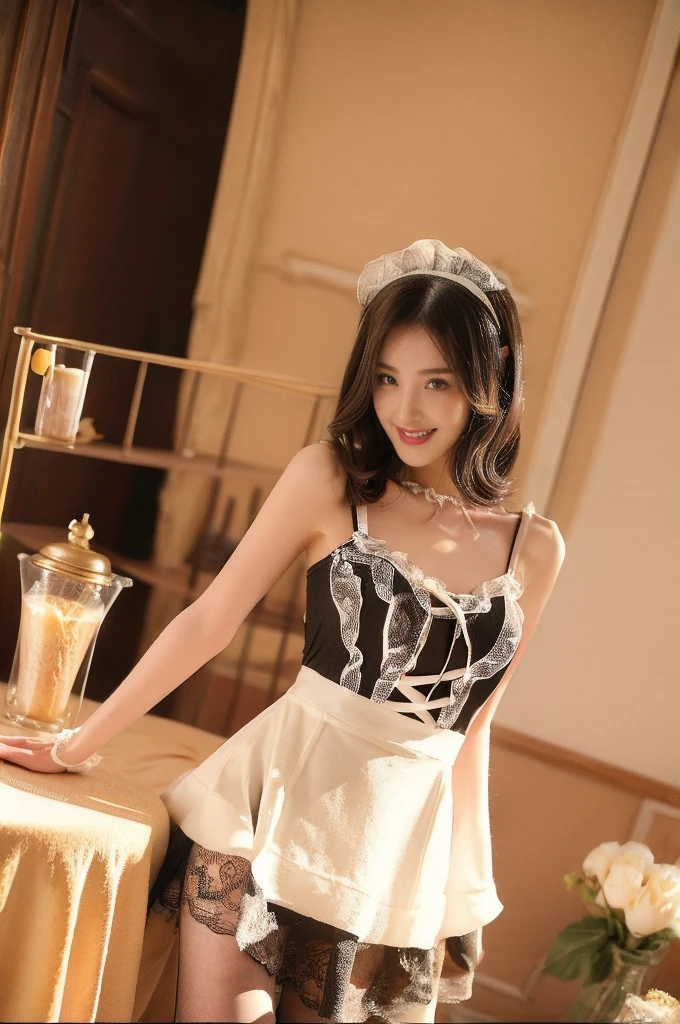 (((best quality))),(((ultra detailed))),(((masterpiece))),illustration,1girl,maid cafe,stunningly beautiful,slim,medium straight bob hair,flat chest,deep captivating eyes,maid costume,see through lace apron,short hemline,bare arms,arms behind back,thighs,slender legs,pantyhose,graceful movements,confident charm,warm genuine smile,France cafe,sliding paper doors,delicious coffee pastries,warm inviting atmosphere,joyful eyes,Coffee Machine,upper body