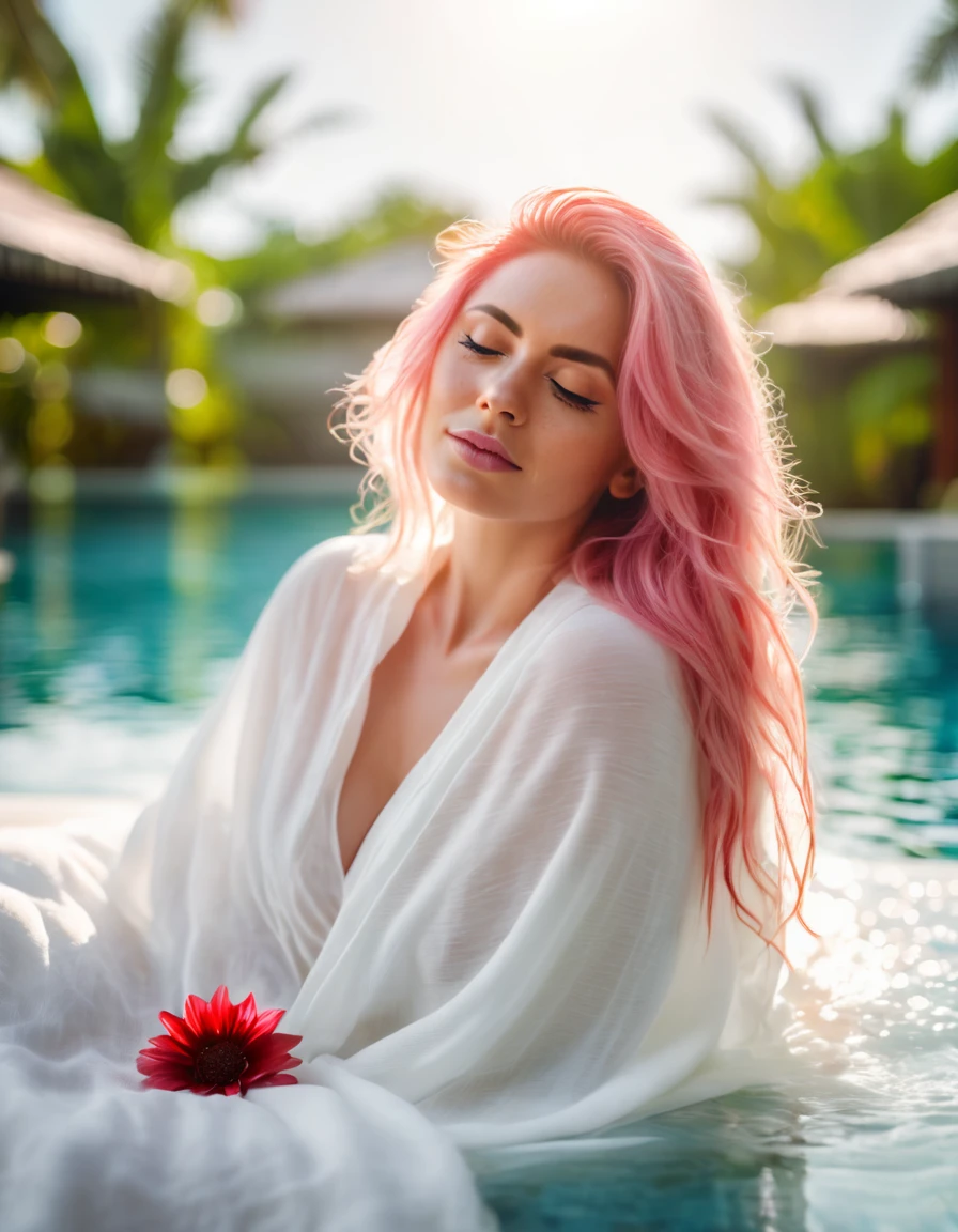 beautiful woman with long pink hair wearing( a white blanket blouse), with a red flower in front of her covering one eye and part of her face, natural sunlight,sitting in outside the pool of Maldives , light colors, bokeh style, in the style of ultrafine detail, high-quality photo