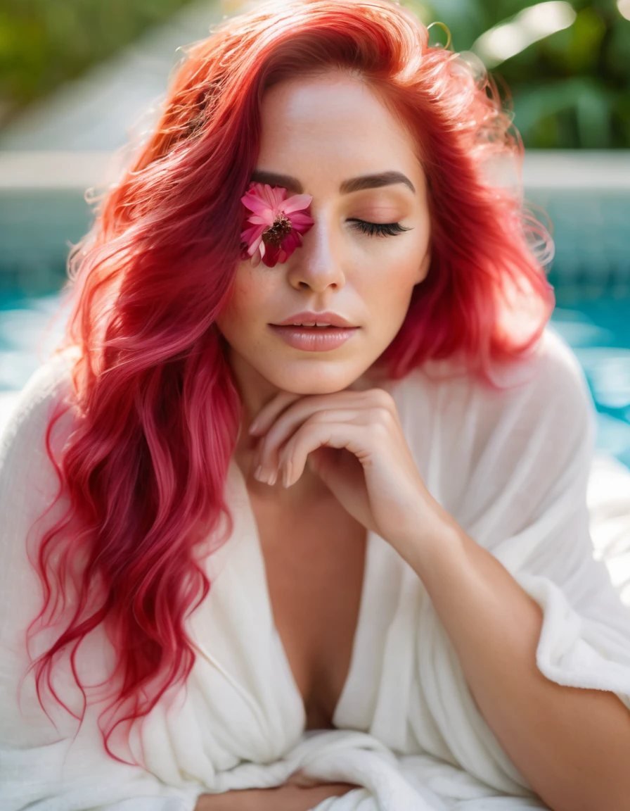 beautiful woman with long pink hair wearing( a white blanket blouse), with a red flower in front of her covering one eye and part of her face, natural sunlight,sitting in outside the pool of Maldives , light colors, bokeh style, in the style of ultrafine detail, high-quality photo