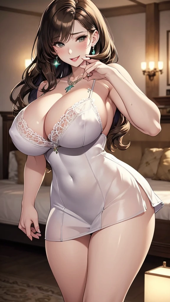 masterpiece,stunning reality,Realistic,Clarity,Sexy,full,beauty,Married woman,Huge breasts,cleavage,prostitute,Dim Lights,on the bed,White transparent lace miniskirt,Lipstick,Smile,earrings,Short brown hair,curls,Green eyes,Areola,Lace exposed,necklace,Hand socks,Sweat