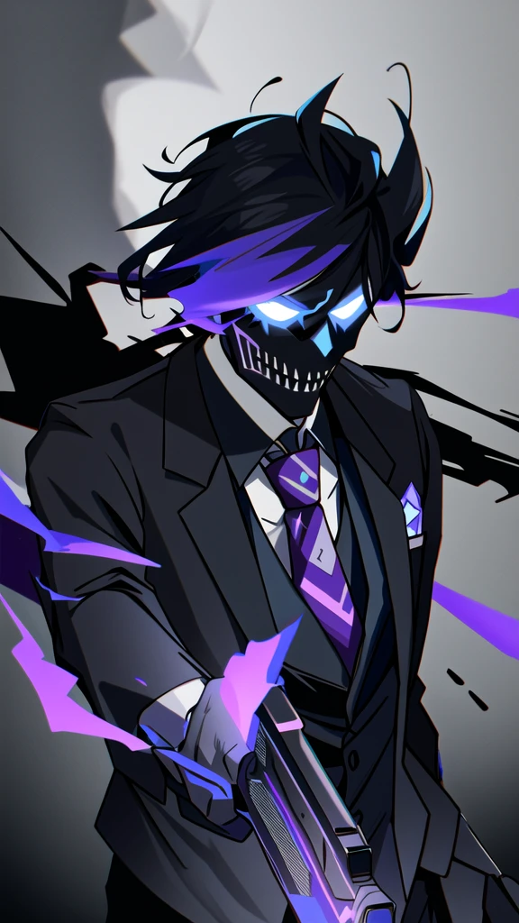 solo, tie, black suit, upper body, black pants, purple fire with blue details, skull with red smoke with purple and blue details, blue fire on the skull, dark negative aura around, bloodthirsty look, purple pupils coming out smoke, holding a revolver, tie half blue half purple, one slit eye