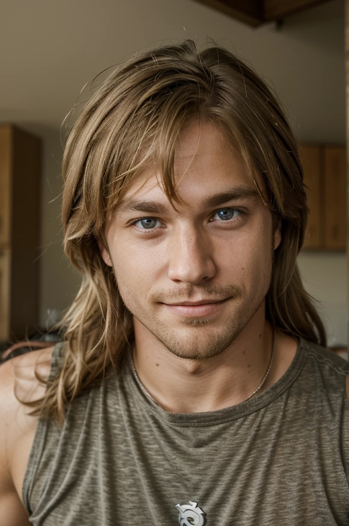 Handsome guy, blond hair, Light eyes, oval face type, slightly hooked nose, looking at the camera