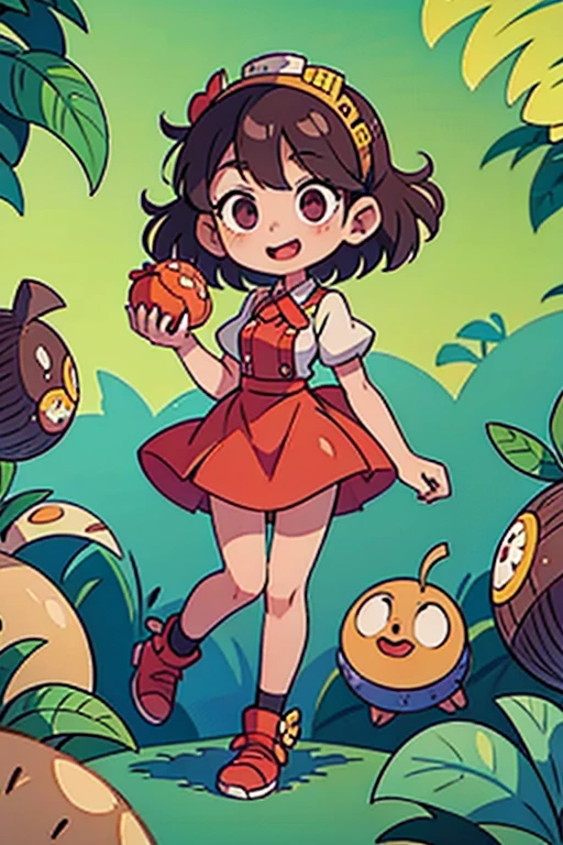 Mulberry fruit girl with dark hair, detailed fruit outfit, food world background, full body shot, fun pose, food themed