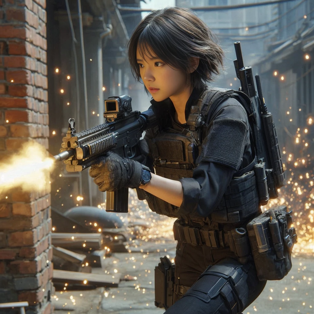 8K,Realistic Photo、Realistic Skin Texture、Superrealism、Japanese woman in LA SWAT、Operation、In a mid-sized American city、old buildings、sparks、Burst smoke、Brick、Comes with accurate and detailed black gear、Automatic rifle、Run、Bulletproof vest、Accessories such as watches、Short Hair、Dynamic pose