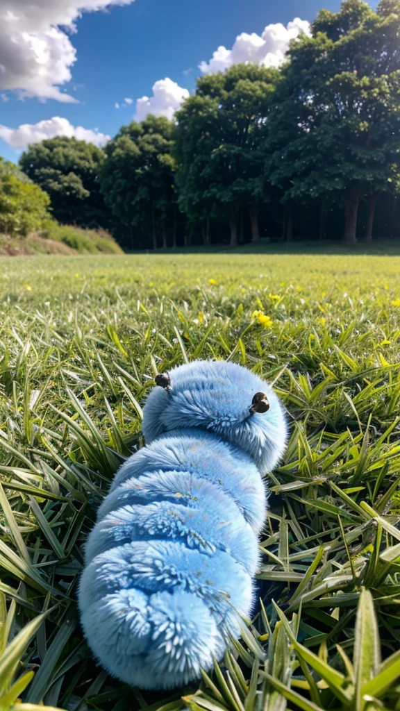 Fluffy arctic blue baby caterpillar laying on an oversized bed of bright green grass smiling with huge excited wide open eyes looking upwards to the vibrant golden yellow and amber rays of light from the sun that is peering out from behind silver gray rain clouds in the sky above
