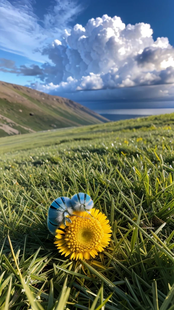 Fluffy arctic blue baby caterpillar laying on an oversized bed of bright green grass smiling with huge excited wide open eyes looking upwards to the vibrant golden yellow and amber rays of light from the sun that is peering out from behind silver gray rain clouds in the sky above