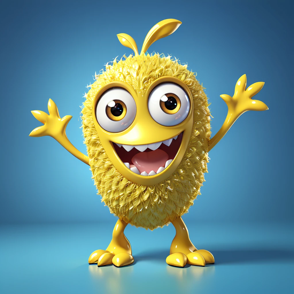 Yellow
   A cute yellow monster with big eyes and a cheerful grin, as sweet as a banana. The monster has a smooth, shiny yellow color scheme and a playful demeanor. This adorable character is designed in the style of Pixar animation studio, created using C4D software, radiating joy. --ar 1:1 --v 6.0 3D render
