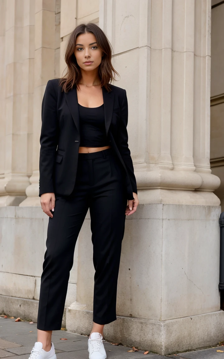 1 femme, De longs cheveux ondulés, yeux marron foncé, en blazer noir et pantalon debout à côté d'une ferari rouge en train de faire de la photographie