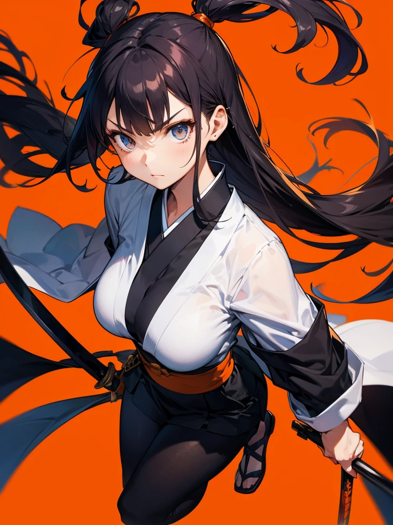 1girl,Dynamic composition、[17277fbe68],((Perspective Lens, Woman with long hair, Dynamic poses with serious and mean expressions, Two hands brandishing a large, long Japanese sword )) ((Pure Orange Background:1.2)),Anime Style、Detailed eyes、Looks like she&#39;s in her early 20s,Shooting in mid-motion,With her long braided hair fluttering. Her outfit is reminiscent of a butterfly,Black and yellow color palette,Be playful.,Neon color line fractal art、