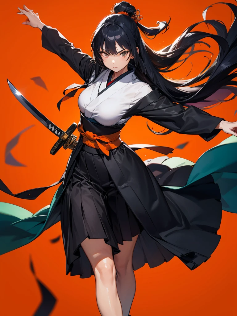 1girl,Dynamic composition、[17277fbe68],((Perspective Lens, Woman with long hair, Dynamic poses with serious and mean expressions, Two hands brandishing a large, long Japanese sword )) ((Pure Orange Background:1.2)),Anime Style、Detailed eyes、Looks like she&#39;s in her early 20s,Shooting in mid-motion,With her long braided hair fluttering. Her outfit is reminiscent of a butterfly,Black and yellow color palette,Be playful.,Neon color line fractal art、