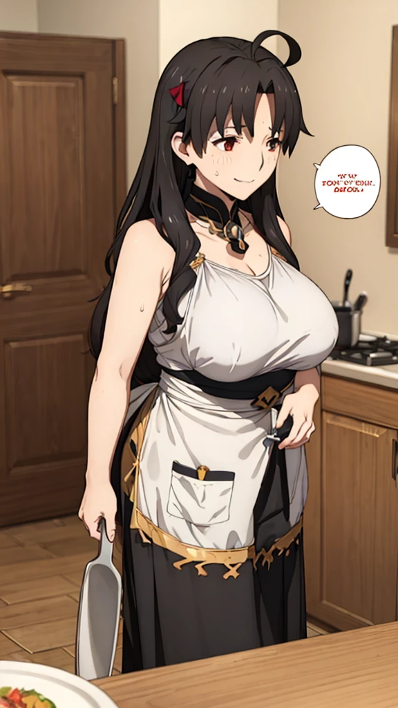 (Mature Woman:1.5), (mother:1.5), Ishtar, Fate Grand Order, (absurderes, 8K, 4K, masutepiece, hyper extreme detailed:1.2), Best Quality, Perfect Anatomy,Perfect face,Facing forward,High humidity, (alone:1.2), (Sweaty:1.3), shortness of breath, High humidity, humid, (Black Hair:1.1), Red eyes, Looking into the camera, (Very large breasts:1.5), Light clothing, apron, (kitchen;1.1), (Having a conversation:1.5), (Speech bubble:1.2), A kind smile, relief, peace of mind, mother性, Cooking, have a ladle, pot, pot-au-feu, (chubby:1.1), (Plump:1.1)