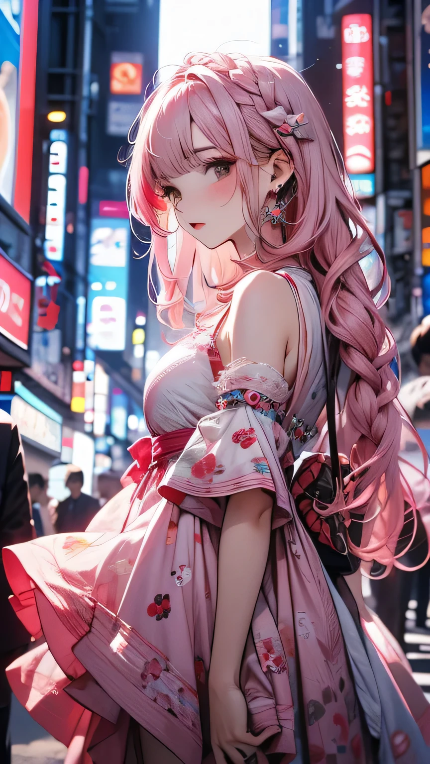 Tokyo, Kabukicho, Long hair blowing in the wind, Pink Hair, High resolution, dress