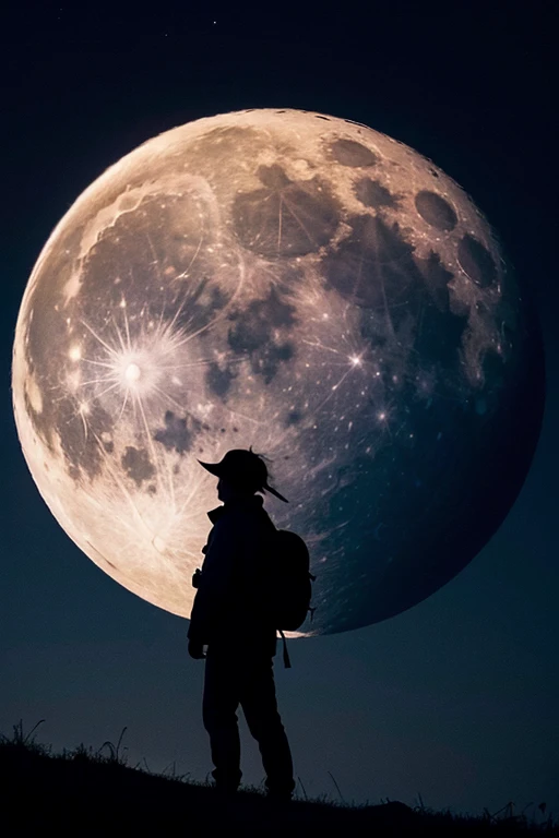 Highest quality,Big moon and shadow,A silhouette of a person can be seen against the backdrop of a large moon.,There is one full moon,There is a mood,Beautiful scenery,Starry Sky
