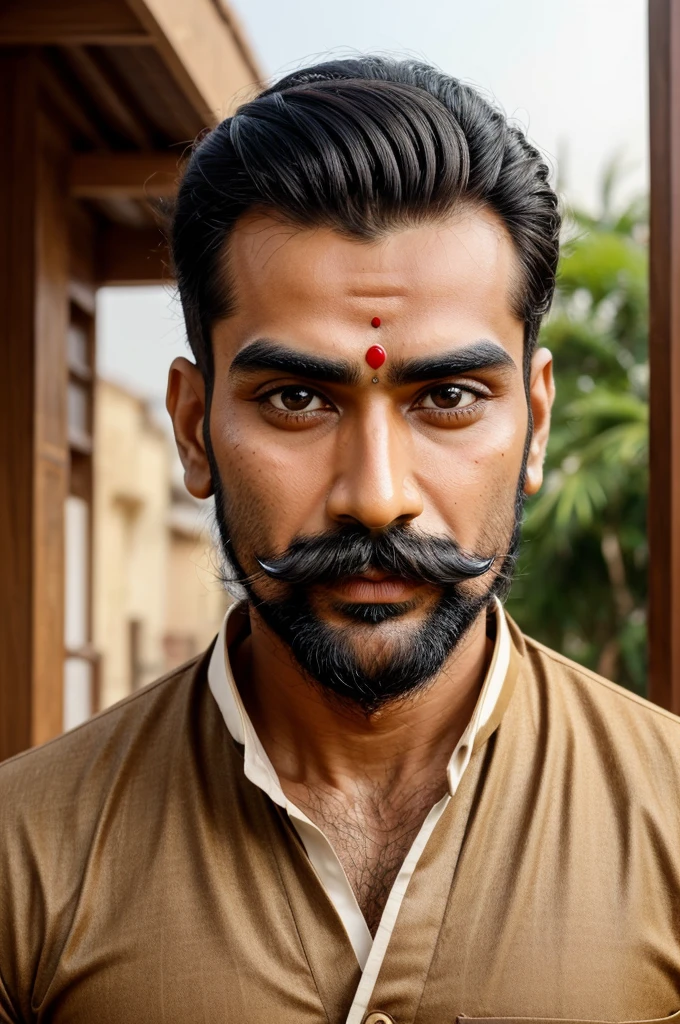 Man with Tall height, wheatish complexion, long sharp nose, big eyes, light beard and moustache, big eyebrows, sandalwood tilak on the forehead,