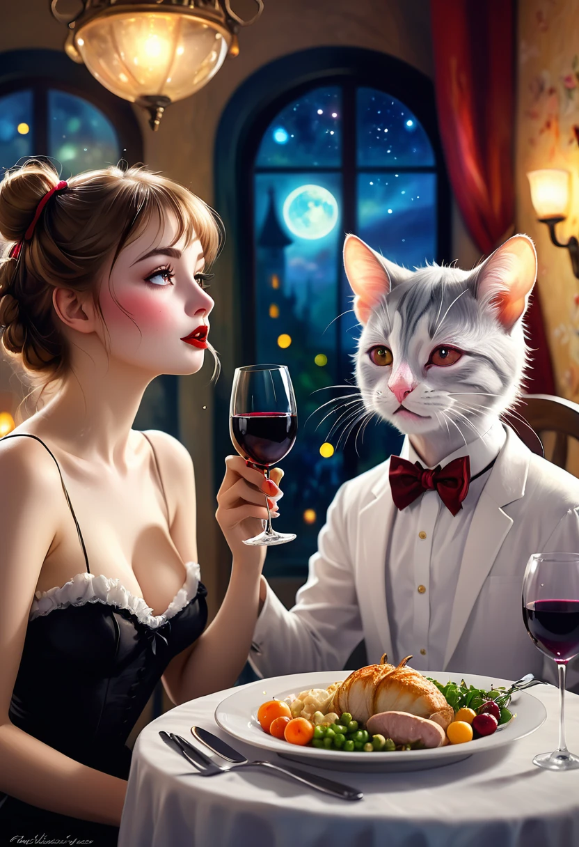 Renoir style , Hallucination, daydream , nightmare , Insane Dream , bokeh , erotica , realistic mouse girl and realistic cat man , realistic nose , hotel lounge