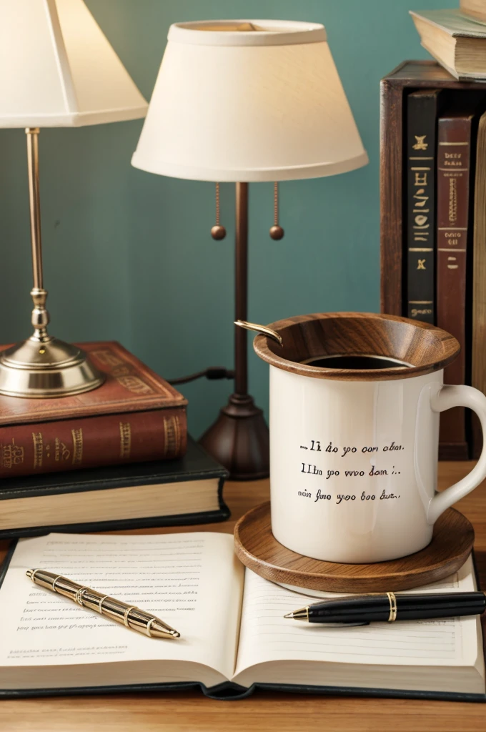 A lamp pen holder some books a coffee mug with a note u want to go on track 