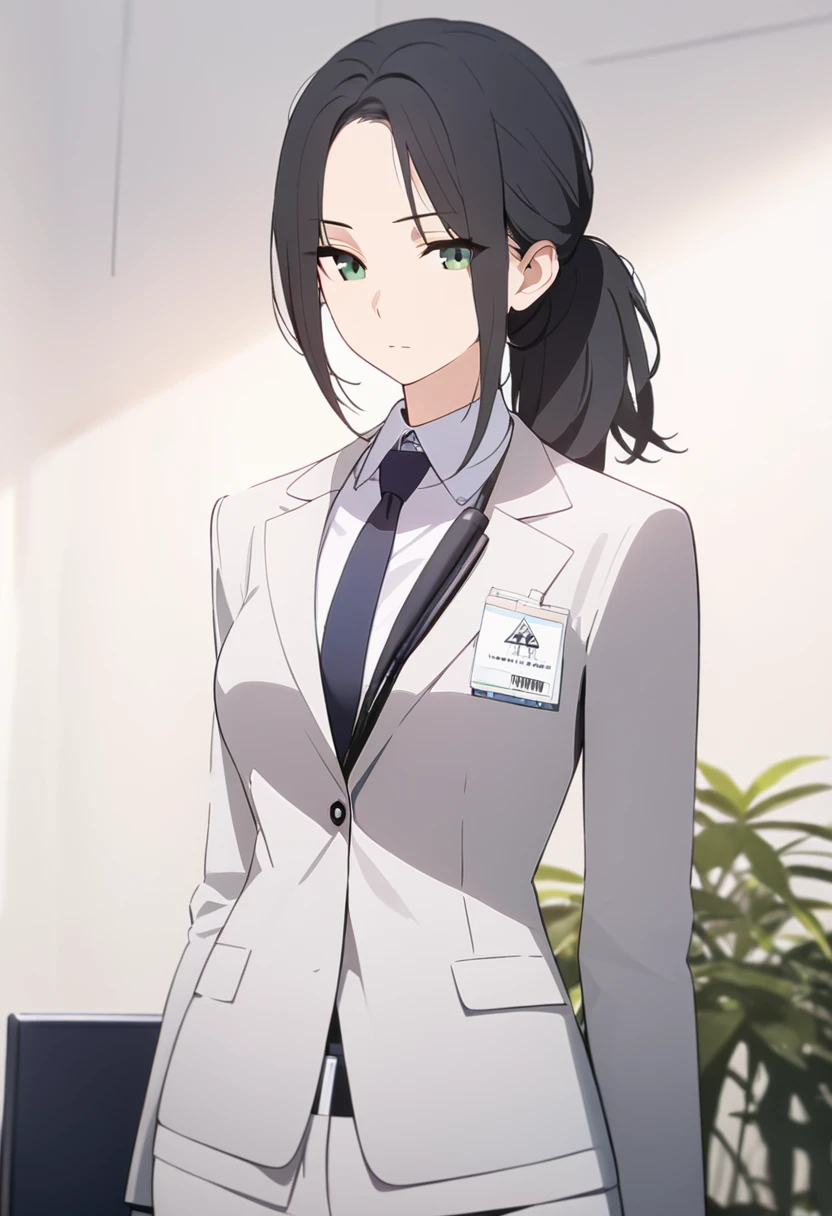 (masterpiece, high quality, best quality, highres,) One Woman, young, black hair, ponytail, Green Eyes, Athletic build, expressionless, closed mouth, office staff suit, Simple white background, standing, cowboy shot, (from the front)