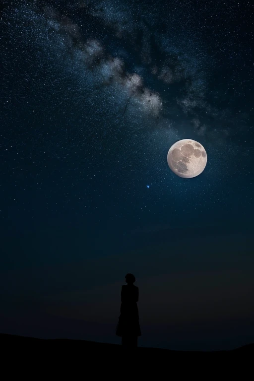 Highest quality,Big moon and shadow,A silhouette of a person can be seen against the backdrop of a large moon.,There is one full moon,There is a mood,Beautiful scenery,Starry Sky