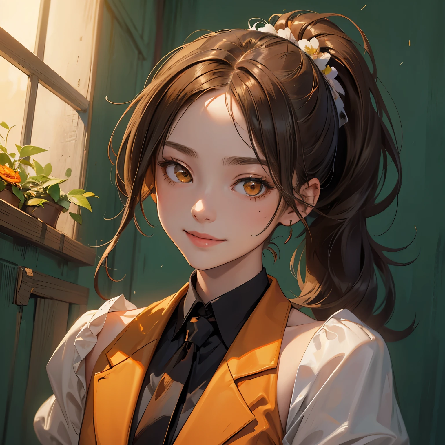 A li, brown ponytail,, orange eyes, masterpiece, jacket, white shirt, green tie, open shoulders, open sleeves, light smile, flower, quiet, restrained, (concept art), portrait