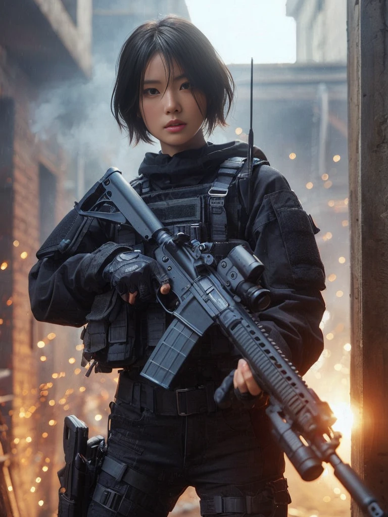 8K,Realistic Photo、Realistic Skin Texture、Superrealism、Japanese woman in LA SWAT、Operation、In a mid-sized American city、old buildings、sparks、Burst smoke、Brick、Comes with accurate and detailed black gear、Automatic rifle、Run、Bulletproof vest、Accessories such as watches、Short Hair、Dynamic pose