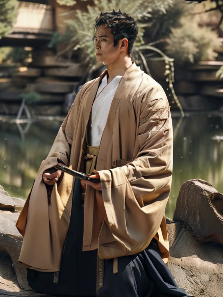 An award-winning original photo，a handsome 38-year-old man, crew cut, (((full body))), (((landscape))), mature man, [slightly fat], asian man, brown eyes, rounded face, glasses, slightly balding, 1boy, Solo, (big shoulders), (((stubbles, Short beard))), (((full beard))), (Beautiful eyes:1.3), (Detailed face:1.3), wearing glasses, Dynamic Angle, volumetric lighting, (Best quality, A high resolution, Photorealistic), Cinematic lighting, Masterpiece, RAW photo, Intricate details, (extremely detailed 8k wallpaper), masterpiece 16k photo, (best quality)), man wearings hanfu,
