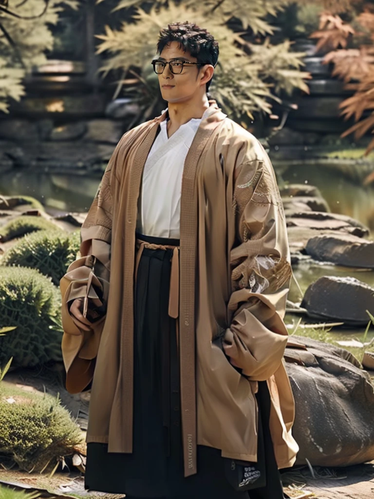 An award-winning original photo，a handsome 38-year-old man, crew cut, (((full body))), (((landscape))), mature man, [slightly fat], asian man, brown eyes, rounded face, glasses, slightly balding, 1boy, Solo, (big shoulders), (((stubbles, Short beard))), (((full beard))), (Beautiful eyes:1.3), (Detailed face:1.3), wearing glasses, Dynamic Angle, volumetric lighting, (Best quality, A high resolution, Photorealistic), Cinematic lighting, Masterpiece, RAW photo, Intricate details, (extremely detailed 8k wallpaper), masterpiece 16k photo, (best quality)), man wearings hanfu,