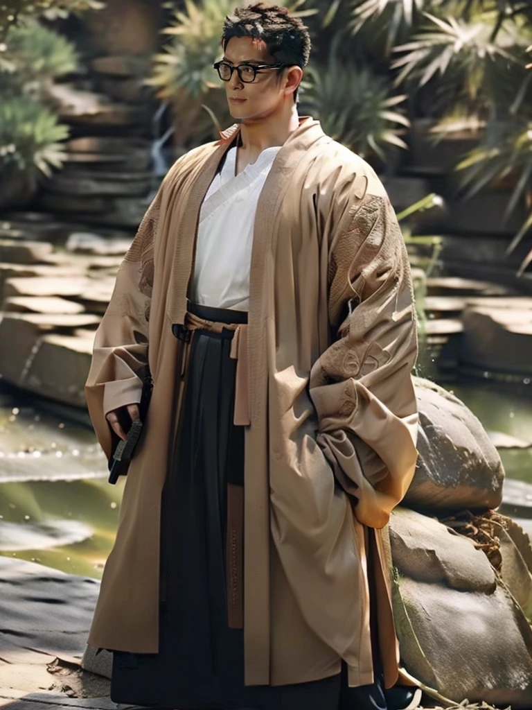 An award-winning original photo，a handsome 38-year-old man, crew cut, (((full body))), (((landscape))), mature man, [slightly fat], asian man, brown eyes, rounded face, glasses, slightly balding, 1boy, Solo, (big shoulders), (((stubbles, Short beard))), (((full beard))), (Beautiful eyes:1.3), (Detailed face:1.3), wearing glasses, Dynamic Angle, volumetric lighting, (Best quality, A high resolution, Photorealistic), Cinematic lighting, Masterpiece, RAW photo, Intricate details, (extremely detailed 8k wallpaper), masterpiece 16k photo, (best quality)), man wearings hanfu,