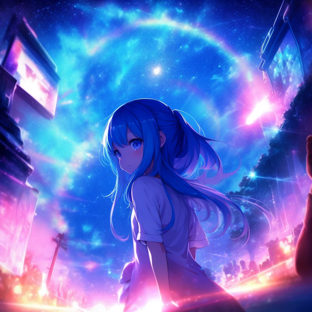 mystical sky , anime girl looking at stars in the sky, a picture inspired by Cyril Rolando, tumblr, magical realism, girl looks at the space, dreamy psychedelic anime, dreamy art, looking out into the cosmos, magical dream-like atmosphere, with stars, illustration!, in the universe, dreamy night, girl in space, absolutely outstanding image, in the astral plane ) ) )