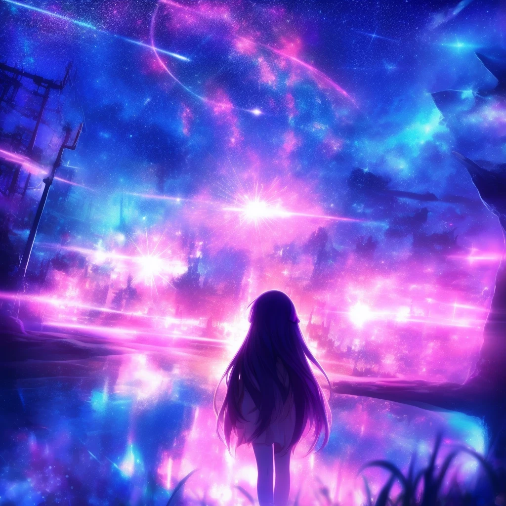 mystical sky , anime girl looking at stars in the sky, a picture inspired by Cyril Rolando, tumblr, magical realism, girl looks at the space, dreamy psychedelic anime, dreamy art, looking out into the cosmos, magical dream-like atmosphere, with stars, illustration!, in the universe, dreamy night, girl in space, absolutely outstanding image, in the astral plane ) ) )