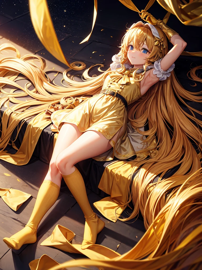 Golden long hair golden blindfold over eyes golden christmas dress golden gloves golden socks golden shoes