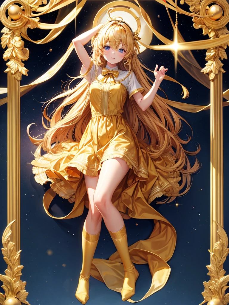 Golden long hair golden blindfold over eyes golden christmas dress golden gloves golden socks golden shoes