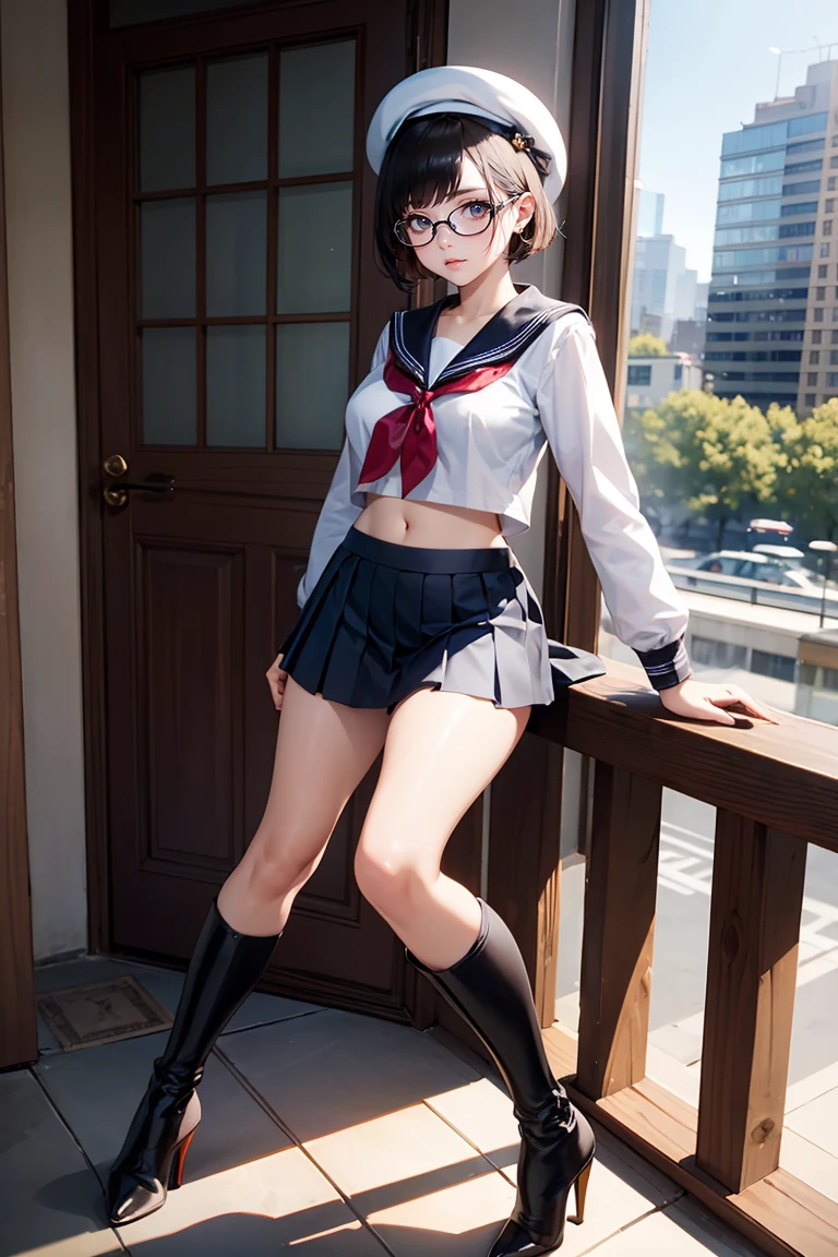 Suzuka, Black hair, short hair, bangs, glasses, ager, Sailor school outfit,white/blue shirt blue skirt, black thigh socks, bellet shoes, breasts, NSFW, hoe, Atarashii gakko