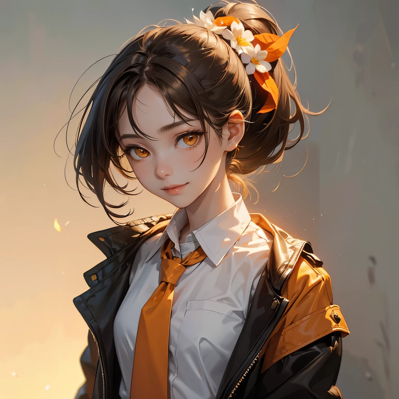A loli, brown ponytail,, orange eyes, masterpiece, jacket, white shirt, green tie, open shoulders, open sleeves, light smile, flower, quiet, restrained, (concept art), portrait
