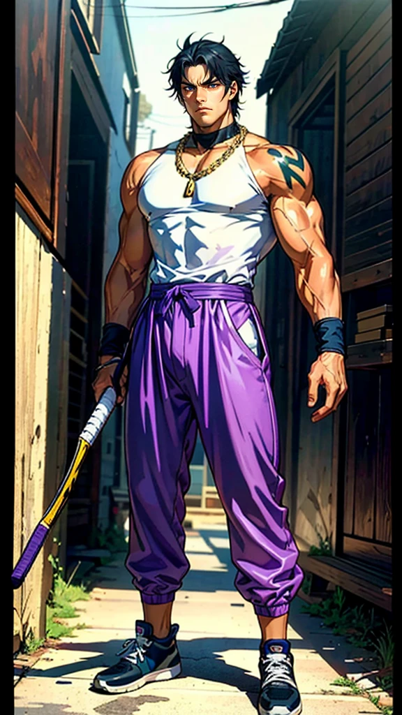 A young African American man with short black hair, completely brown skin, brown skin, resolute eyes, handsome face, serious expression, a gold chain around his neck, his upper body is bare, a slender yet muscular build, a purple demon tattoo is on his left shoulder, cloth trousers high top tennis shoes, emitting a purple aura, he stands in a dilapidated alley, the ground around him damp trashy and cracking open, this character embodies a finely crafted fantasy-style warrior in anime style, exquisite and mature manga art style, dramatic, high definition, best quality, highres, ultra-detailed, ultra-fine painting, extremely delicate, professional, perfect body proportions, golden ratio, anatomically correct, symmetrical face, extremely detailed eyes and face, high quality eyes, creativity, RAW photo, UHD, 32k, Natural light, cinematic lighting, masterpiece-anatomy-perfect, masterpiece:1.5