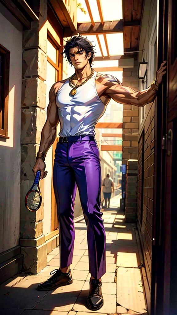 A young African American man with short black hair, completely brown skin, brown skin, resolute eyes, handsome face, serious expression, a gold chain around his neck, his upper body is bare, a slender yet muscular build, a purple demon tattoo is on his left shoulder, cloth trousers high top tennis shoes, emitting a purple aura, he stands in a dilapidated alley, the ground around him damp trashy and cracking open, this character embodies a finely crafted fantasy-style warrior in anime style, exquisite and mature manga art style, dramatic, high definition, best quality, highres, ultra-detailed, ultra-fine painting, extremely delicate, professional, perfect body proportions, golden ratio, anatomically correct, symmetrical face, extremely detailed eyes and face, high quality eyes, creativity, RAW photo, UHD, 32k, Natural light, cinematic lighting, masterpiece-anatomy-perfect, masterpiece:1.5