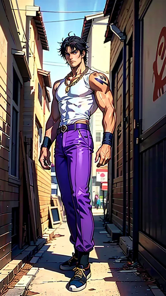 A young African American man with short black hair, completely brown skin, brown skin, resolute eyes, handsome face, serious expression, a gold chain around his neck, his upper body is bare, a slender yet muscular build, a purple demon tattoo is on his left shoulder, cloth trousers high top tennis shoes, emitting a purple aura, he stands in a dilapidated alley, the ground around him damp trashy and cracking open, this character embodies a finely crafted fantasy-style warrior in anime style, exquisite and mature manga art style, dramatic, high definition, best quality, highres, ultra-detailed, ultra-fine painting, extremely delicate, professional, perfect body proportions, golden ratio, anatomically correct, symmetrical face, extremely detailed eyes and face, high quality eyes, creativity, RAW photo, UHD, 32k, Natural light, cinematic lighting, masterpiece-anatomy-perfect, masterpiece:1.5
