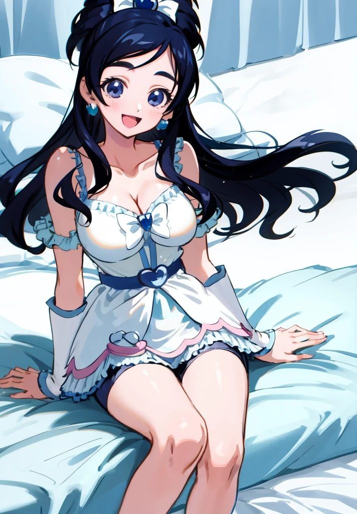 Yukishiro_Honoka, 1girl, smile, my room,camisole,cleavage,open mouth,miniskirt,on bed,smile,looking viewer,big breasts