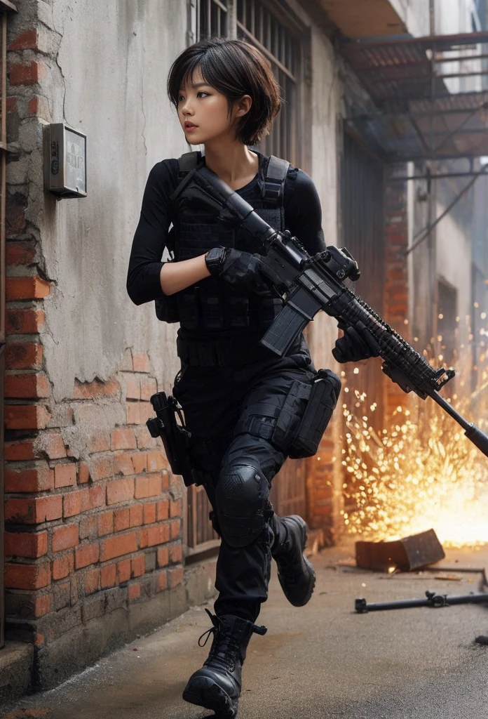 8K,Realistic Photo、Realistic Skin Texture、Superrealism、Japanese woman in LA SWAT、Operation、In a mid-sized American city、old buildings、sparks、Burst smoke、Brick、Comes with accurate and detailed black gear、Automatic rifle、Run、Bulletproof vest、Accessories such as watches、Short Hair、Dynamic pose