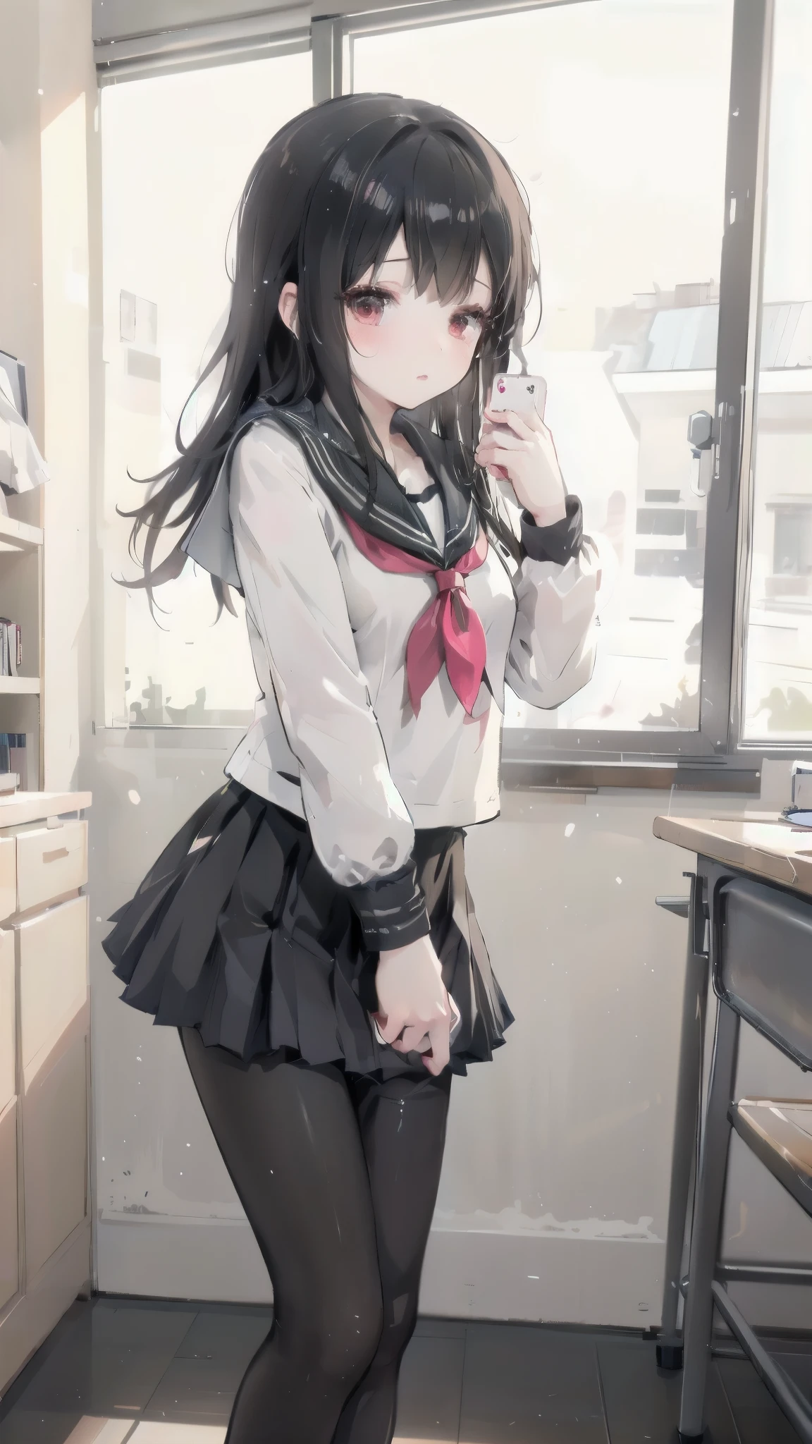 An anime girl standing in an empty room，Phone to ear, 1 girl, solitary, , Pantyhose, skirt, indoors, scarf, Long hair, Xiaqiu Utah, Looking at the audience, Black Hair, Red Eyes, Chest, blush, pleated skirt, black Pantyhose, classroom, white scarf, Long sleeve, Bangs, scarf, Residence, table, Sailor collar, Seto Fuku
