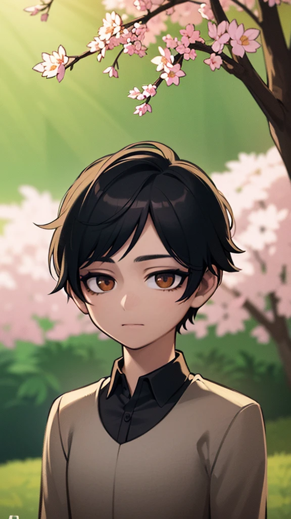 a cute young boy with short black hair, detailed face and eyes, beautifully styled hair, wearing a , standing in a lush garden filled with sakura trees, warm lighting, detailed background, (best quality,4k,8k,highres,masterpiece:1.2),ultra-detailed,(realistic,photorealistic,photo-realistic:1.37),intricate details,vibrant colors,soft focus,portrait