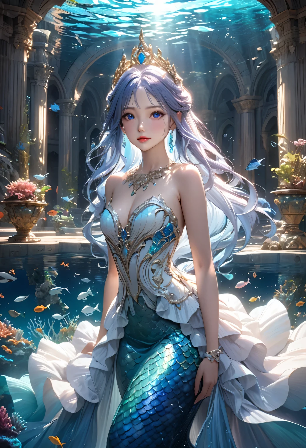 1girl, underwater palace, pretty mermaid princess, long flowing hair, beautiful detailed eyes, beautiful detailed lips, extremely detailed face, porcelain skin, elegant ornate dress, flowing dress, shimmering scales, glowing bioluminescent ocean, sunlight streaming through water, fantastical architecture, (best quality, 4k, 8k, highres, masterpiece:1.2), ultra-detailed, (realistic, photorealistic, photo-realistic:1.37), dramatic lighting, vivid colors, cinematic composition