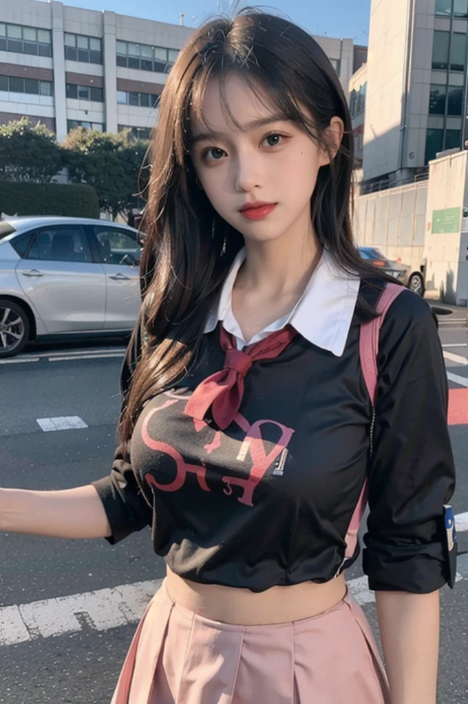 8k resolution), (RAW photo), (best quality), (masterpiece:1.5), (photorealistic:1.5), (photorealistic)), vibrant detail, ultra-realistic, (cute: 1.2)((school uniform)), (jk)))), road, intersection, big breast, close up