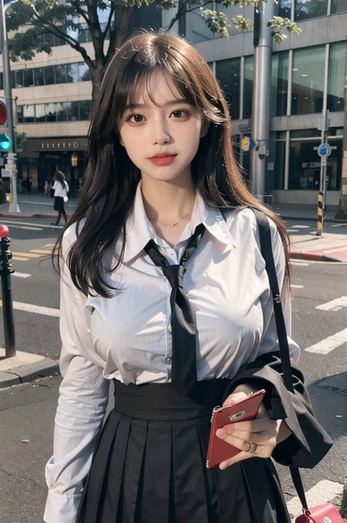 8k resolution), (RAW photo), (best quality), (masterpiece:1.5), (photorealistic:1.5), (photorealistic)), vibrant detail, ultra-realistic, (cute: 1.2)((school uniform)), (jk)))), road, intersection, big breast, close up