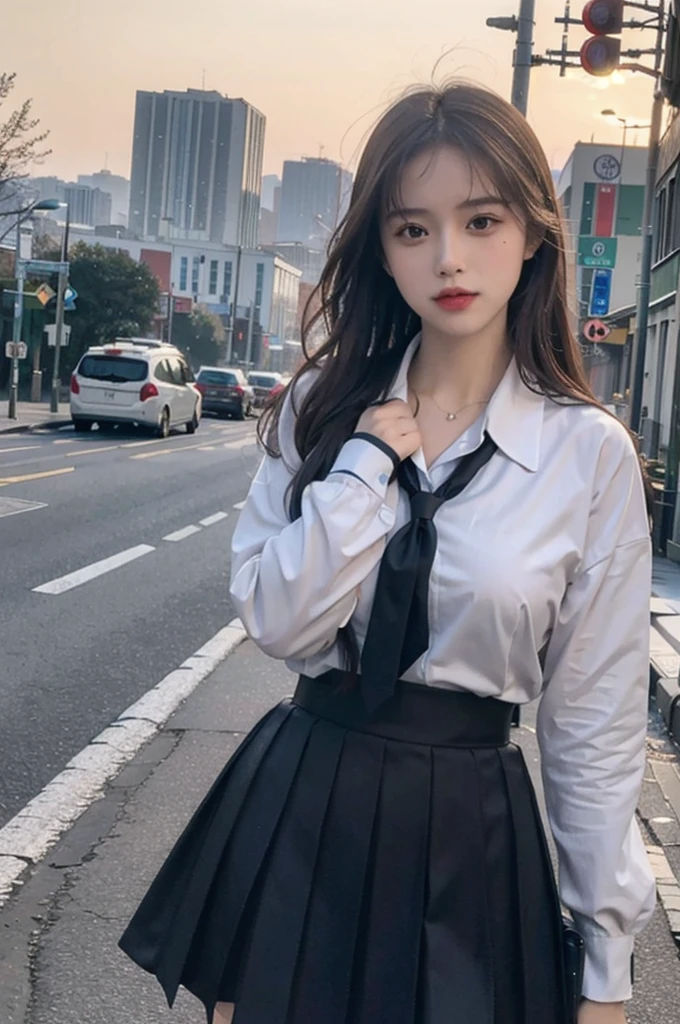 8k resolution), (RAW photo), (best quality), (masterpiece:1.5), (photorealistic:1.5), (photorealistic)), vibrant detail, ultra-realistic, (cute: 1.2)((school uniform)), (jk)))), road, intersection, big breast, close up