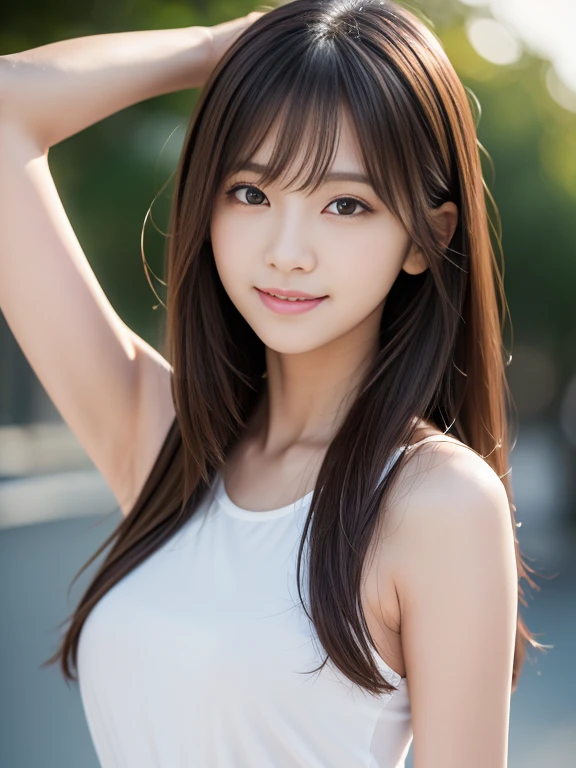 最高qualityのディテール:1.2, Realistic, 8K Ultra HD, High resolution, Tabletop, 最高quality, figure, 超detailed, 細かくdetailedに, High resolution,One girl, 19-year-old girl, The 超detailedな, 高qualityのテクスチャ, Intricate details, detailed, 非常にdetailedなCG, 高qualityの影, detailed 美しく繊細な顔, detailed 美しく繊細な目, Depth of written boundary, Ray Tracing, Cute K-Pop Girls, The Face of Ulzan in Korea:1.1, Narrow Face, Ulzzang-6500-v1.1:0.6, Purelos Face_v1, Glow Eyes, cheek, Glossy lips, Perfect body、Very very cute face、View your viewers:1.3,、Sharp focus:1.2,Cute woman with perfect body shape:1.4,最高のsmile,Slender, wearing (blouse), evening, Sandy Beach、sunset, night, Realistic, thin, (Are standing:1.1), Sexy Gaze, blush, (Upper Body Shot:1.6), Long Hair、Ponytail Hair、((Pure white tank top、Place your hands behind your head、smile:1.5、Light clothing)),Photorealistic:1.4, 超detailedな, Photo Real, Full color RAW photos, Fujifilm(Medium format:1.2), Hasselblad:1.2, Carl Zeiss:1.1, Incredible dynamic range photography(utility_art：Smoose-768:1.1), High resolution, High pixel count, 明確なdetailed, Clear images, Natural color reproduction, Noise Reduction, High fidelity, quality, Software Improvements, Upscaling, Optimized Algorithms, Professional-level retouching,A sexy look for the camera