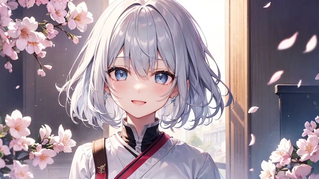 Her eyes were shining、Mysterious and enchanting atmosphere。With AI Painting、とてもShort Hair, Long bangs between the eyes, Grey Eyes , Very detailed,(masterpiece、Highest quality)、alone、Gray Hair、Fantasy, Silver Hair, Beautiful Eyes,Ecstasy, charm, attract the audience, Fantasyな風景、White shirt、smile、Open your mouth、Scarf、short hair、Short Hair、hairpin、Dark Eyes