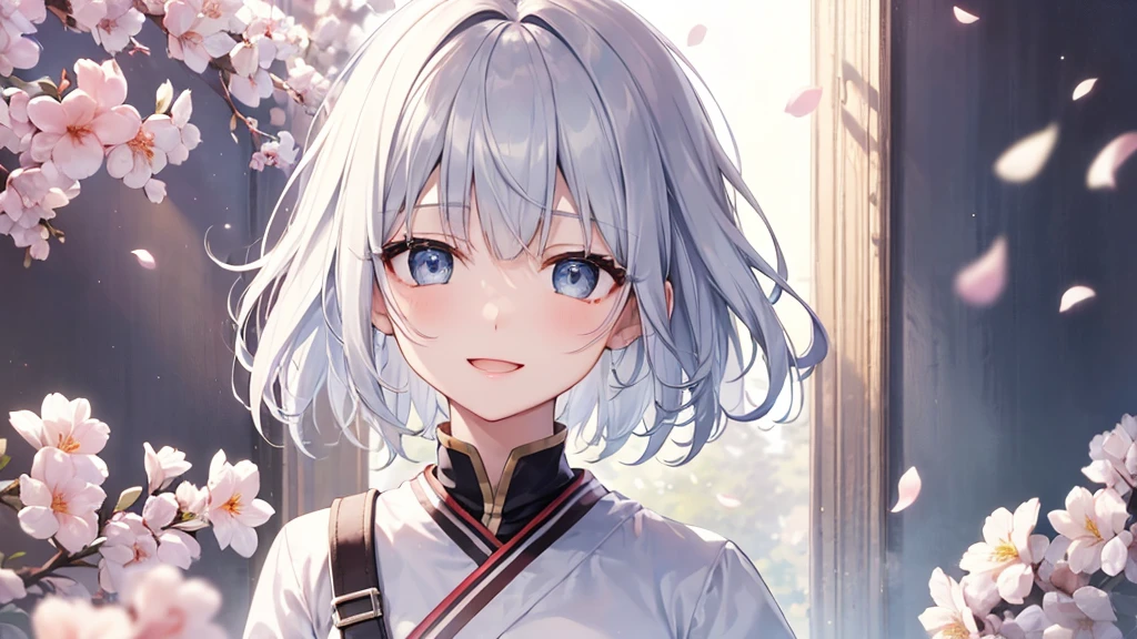 Her eyes were shining、Mysterious and enchanting atmosphere。With AI Painting、とてもShort Hair, Long bangs between the eyes, Grey Eyes , Very detailed,(masterpiece、Highest quality)、alone、Gray Hair、Fantasy, Silver Hair, Beautiful Eyes,Ecstasy, charm, attract the audience, Fantasyな風景、White shirt、smile、Open your mouth、Scarf、short hair、Short Hair、hairpin、Dark Eyes
