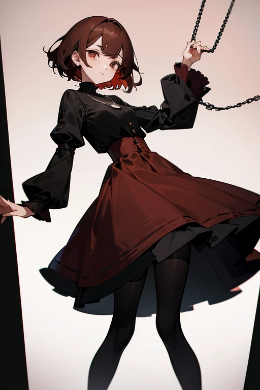 Reddish brown short length hair、Black high neck waffle knit top、Flared sleeves、Tight Skirt、Black Stocking、necklace、TİTS、slender、Bright Park、Messed up、