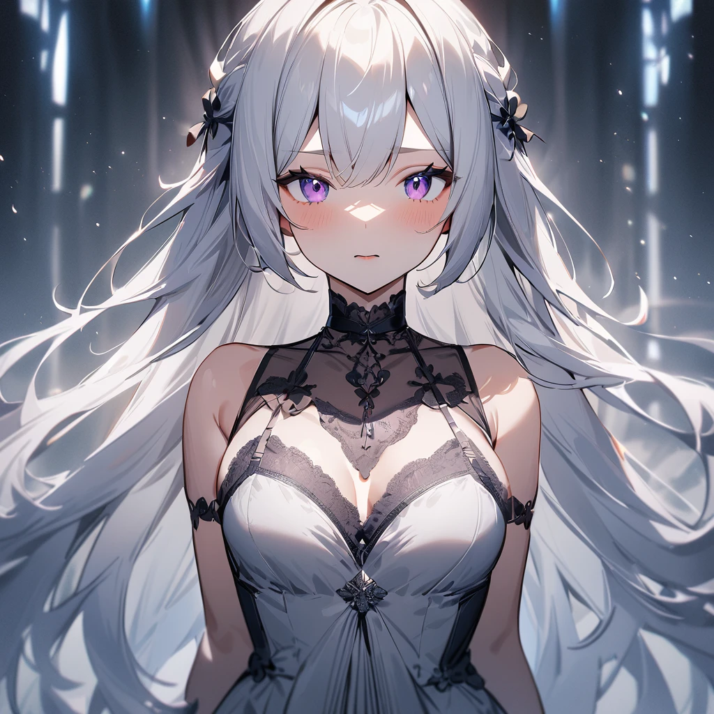 nafw,(2 girls:1.3),(duo),breast,absurdres,best quality,very aesthetic,absurdres,bra,(light silver White hair),太もも,(purple),(straight-on),(long hair),(gown)